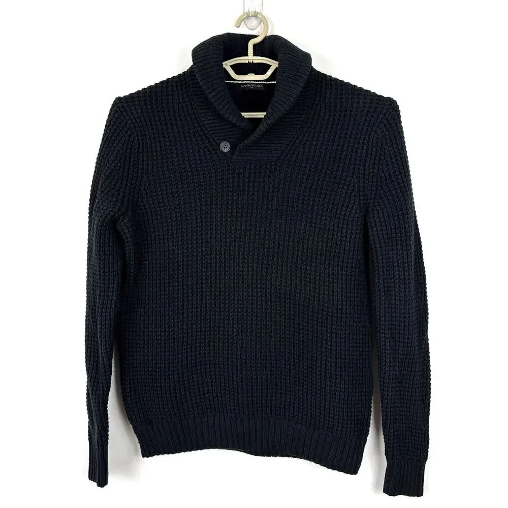 Banana Republic Black Waffle Popover Sweater Shawl Collar Men Medium 735028